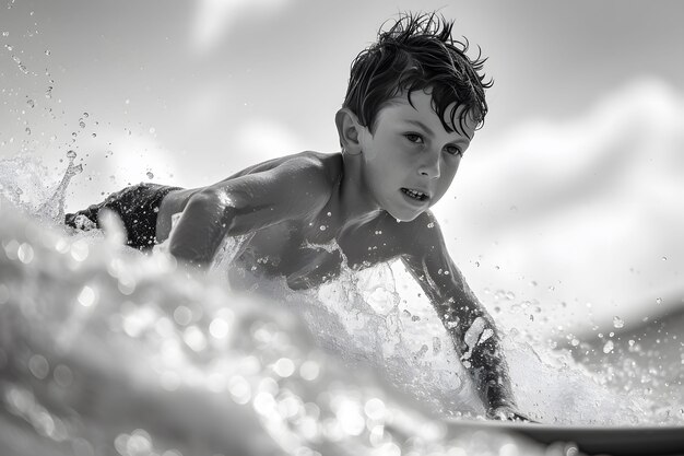 Monochrome portrait of person surfing amongst the waves