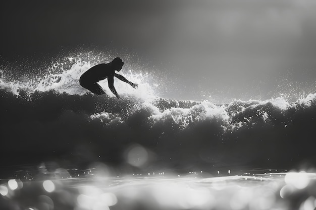 Free photo monochrome portrait of person surfing amongst the waves