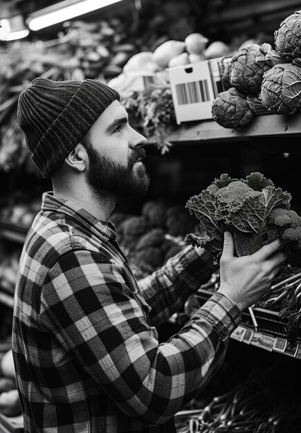 Monochrome portrait of person with fresh produce