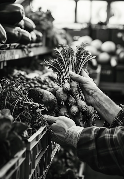 Monochrome portrait of person with fresh produce