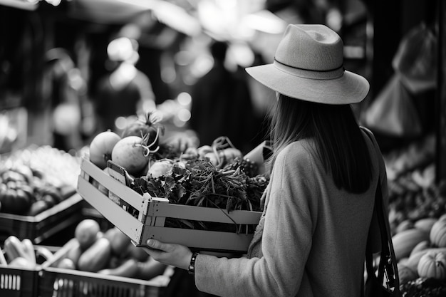 Монохромный портрет человека со свежими продуктами