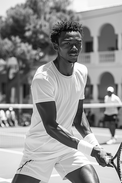 Foto gratuita ritratto monocromatico di un tennista professionista