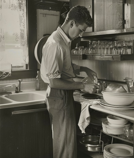 Monochrome portrait of retro man doing housework and household chores