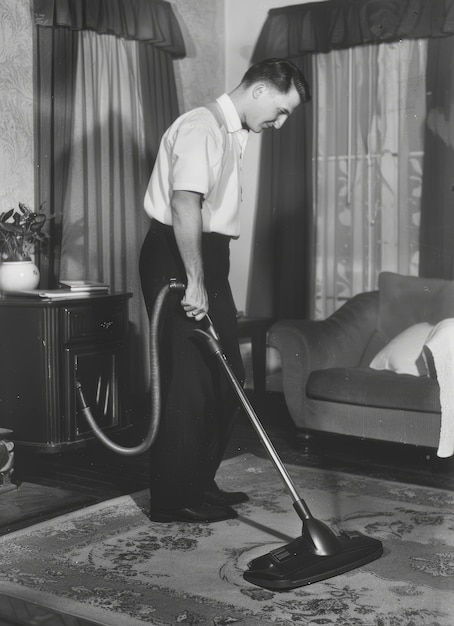 Monochrome portrait of retro man doing housework and household chores