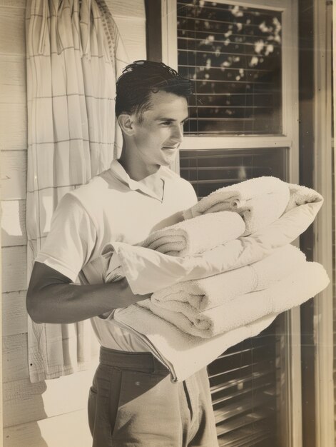 Monochrome portrait of retro man doing housework and household chores