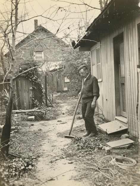 Foto gratuita ritratto monocromatico di un uomo retro che fa le faccende domestiche