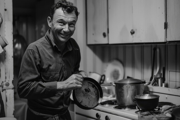 Monochrome portrait of retro man doing housework and household chores