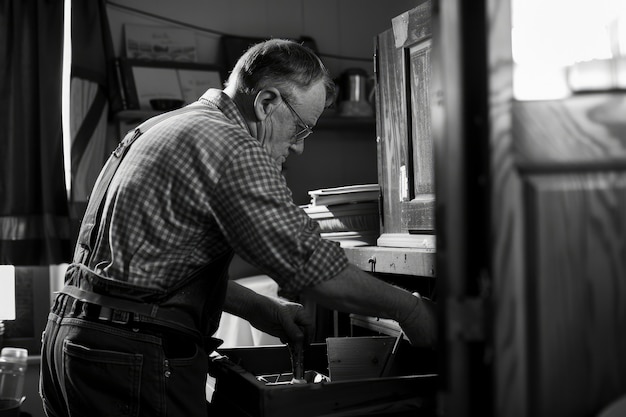 Foto gratuita ritratto monocromatico di un uomo retro che fa le faccende domestiche