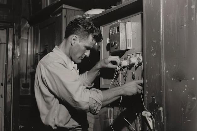 Foto gratuita ritratto monocromatico di un uomo retro che fa le faccende domestiche