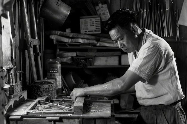 Foto gratuita ritratto monocromatico di un uomo retro che fa le faccende domestiche