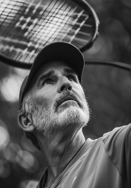 Монохромный портрет пожилого человека, играющего в теннис