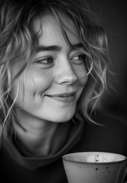 Monochrome portrait of woman drinking tea from ccup