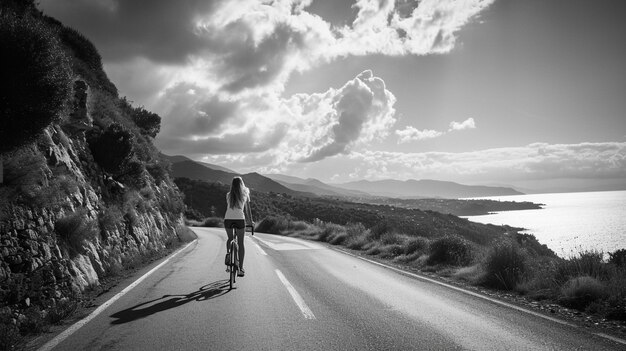 Free photo monochrome portrait of woman riding bicycle