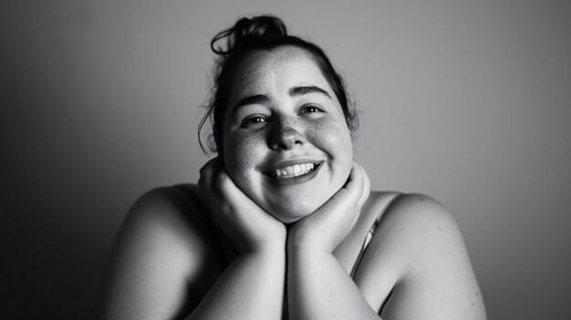 Monochrome portrait of woman showing vulnerability and self-acceptance