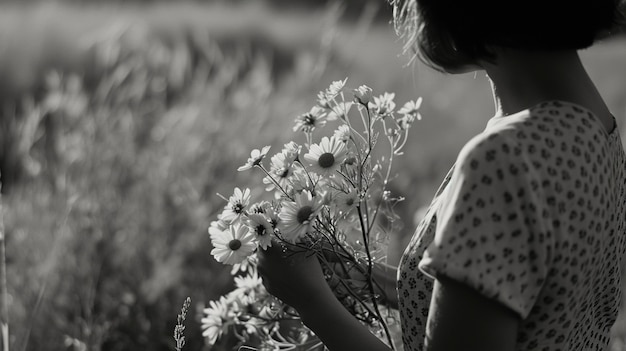 Free photo monochrome portrait of woman with flowers