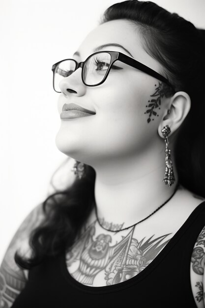 Monochrome portrait of woman with tattoos