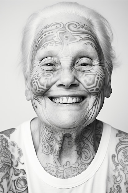 Monochrome portrait of woman with tattoos