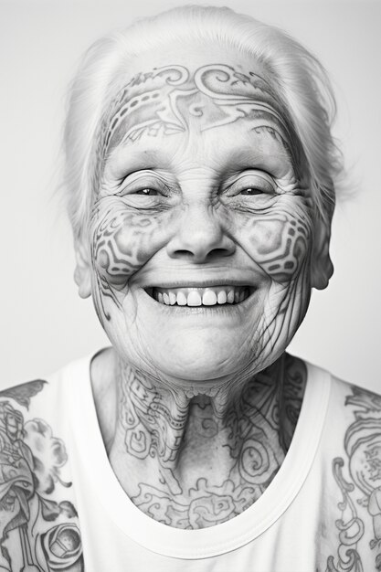 Монохромный портрет женщины с татуировками