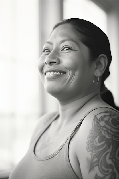Free photo monochrome portrait of woman with tattoos