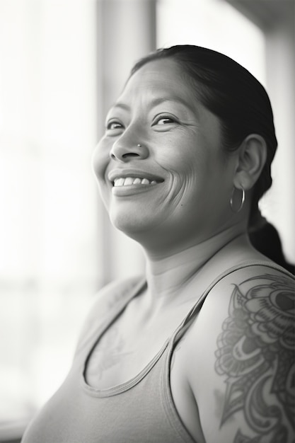 Monochrome portrait of woman with tattoos