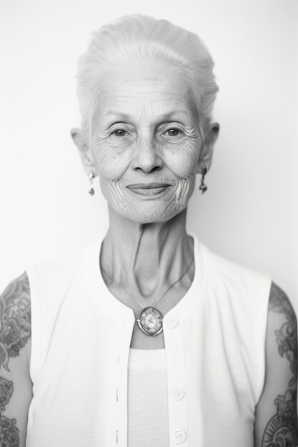 Monochrome portrait of woman with tattoos