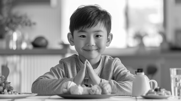 Free photo monochrome portrait of young boy with food