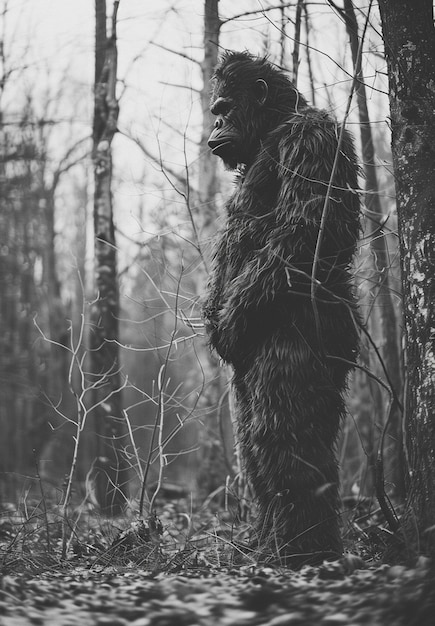 Foto gratuita rappresentazione monocromatica di bestia pelosa o sasquatch