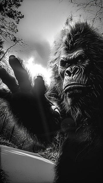 Foto gratuita rappresentazione monocromatica di bestia pelosa o sasquatch