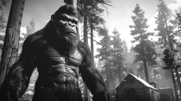 Бесплатное фото Монохромное изображение волосатого зверя или sasquatch