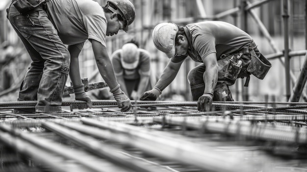 Бесплатное фото Одноцветная сцена, изображающая жизнь рабочих на строительной площадке