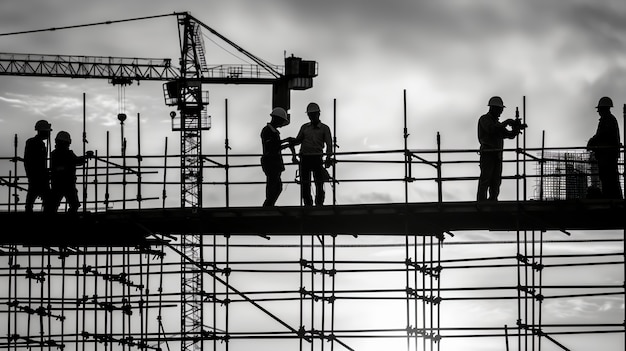 Free photo monochrome scene depicting life of workers on a construction industry site