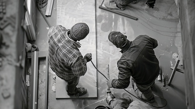 Foto gratuita scena monocromatica che raffigura la vita dei lavoratori in un cantiere dell'industria edile