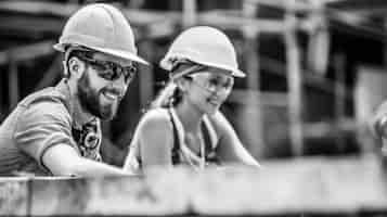 Foto gratuita scena monocromatica che raffigura la vita dei lavoratori in un cantiere dell'industria edile