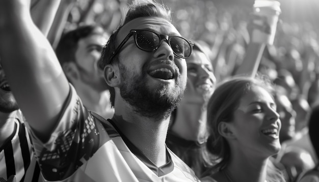 Free photo monochrome soccer fans cheering