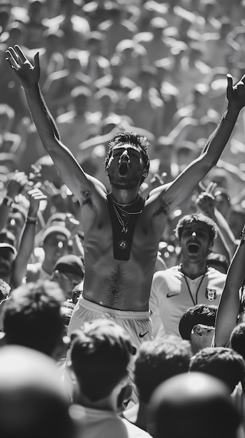 monochrome soccer fans cheering