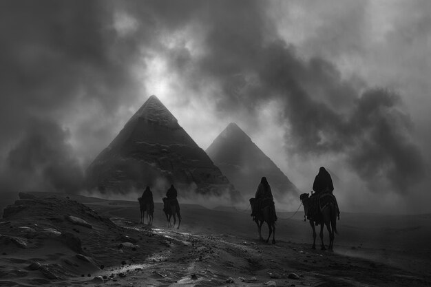Monochrome view of giza pyramids for world heritage day
