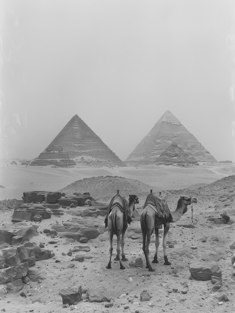 Monochrome view of giza pyramids for world heritage day