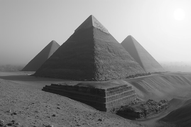 Monochrome view of giza pyramids for world heritage day