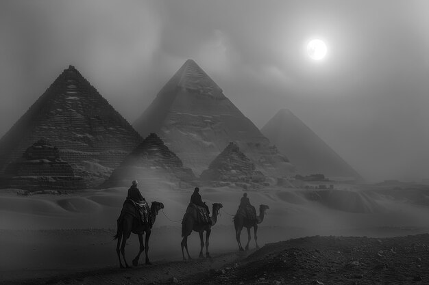 Monochrome view of giza pyramids for world heritage day