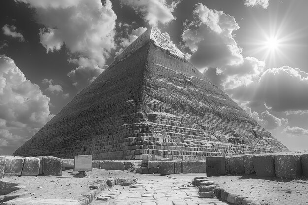 Monochrome view of giza pyramids for world heritage day