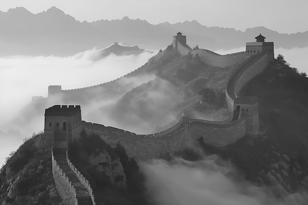 Monochrome view of the historic great wall of china