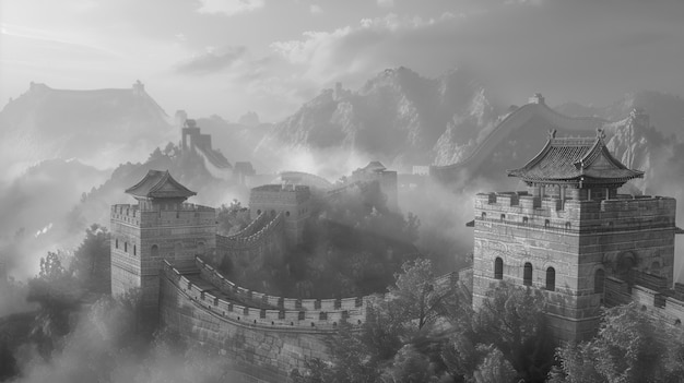 Monochrome view of the historic great wall of china