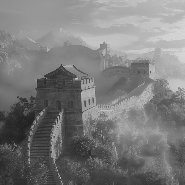 역사적 인 중국 장벽 의 단색 광경