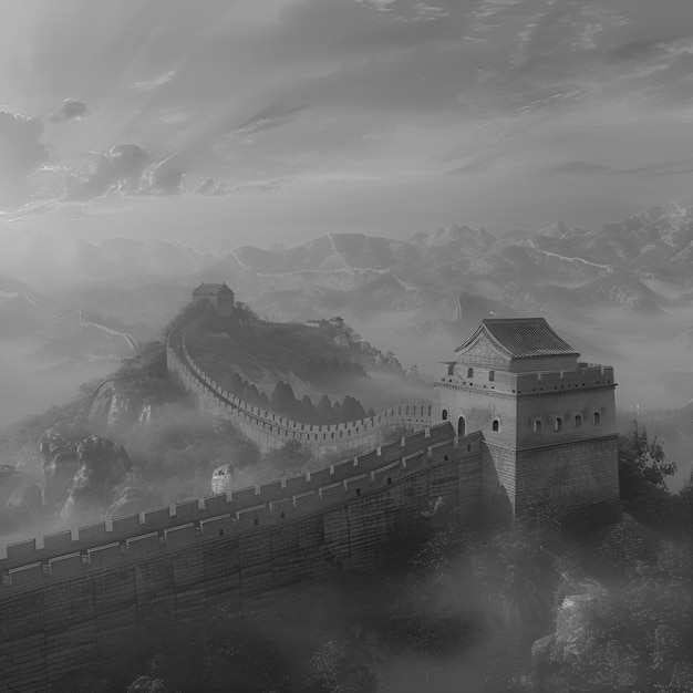 Monochrome view of the historic great wall of china