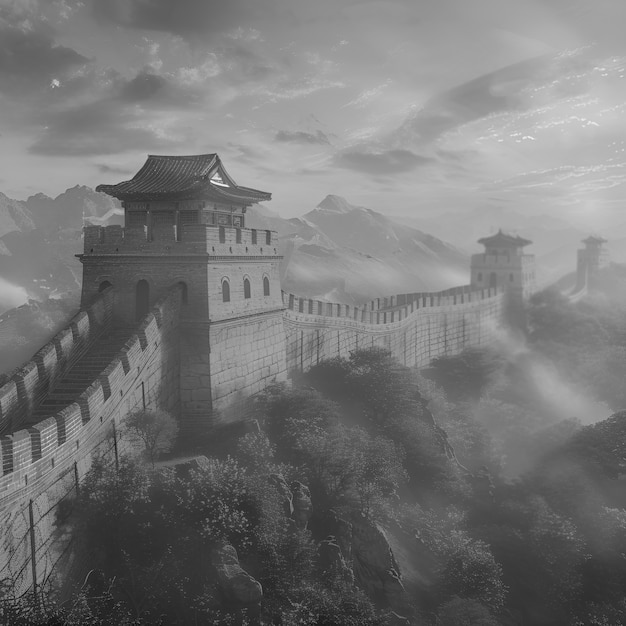 Monochrome view of the historic great wall of china