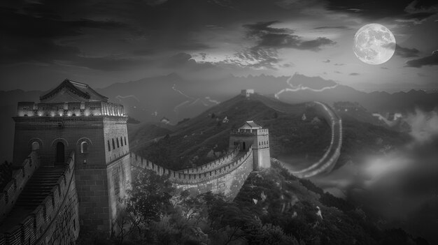 Monochrome view of the historic great wall of china