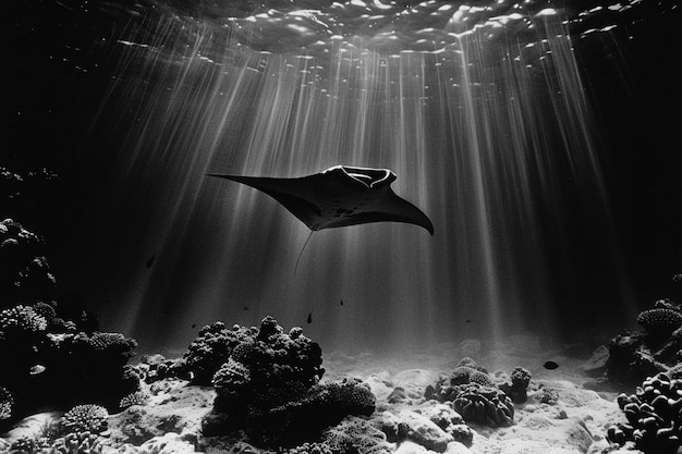 Foto gratuita vista monocromatica di una manta sotto l'acqua