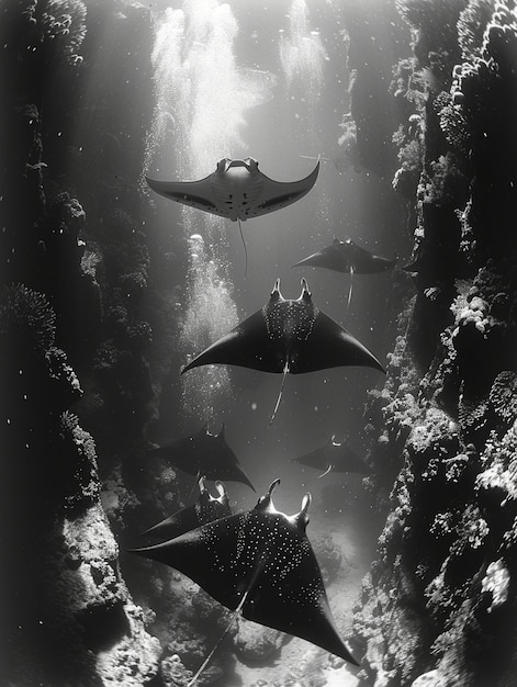 Free photo monochrome view of manta ray animal underwater