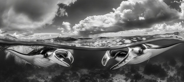 Foto gratuita vista monocromatica di una manta sotto l'acqua