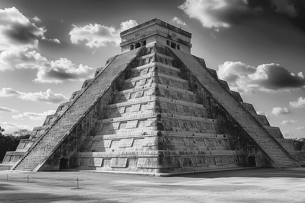 Monochrome view of mesoamerican pyramids for world heritage day